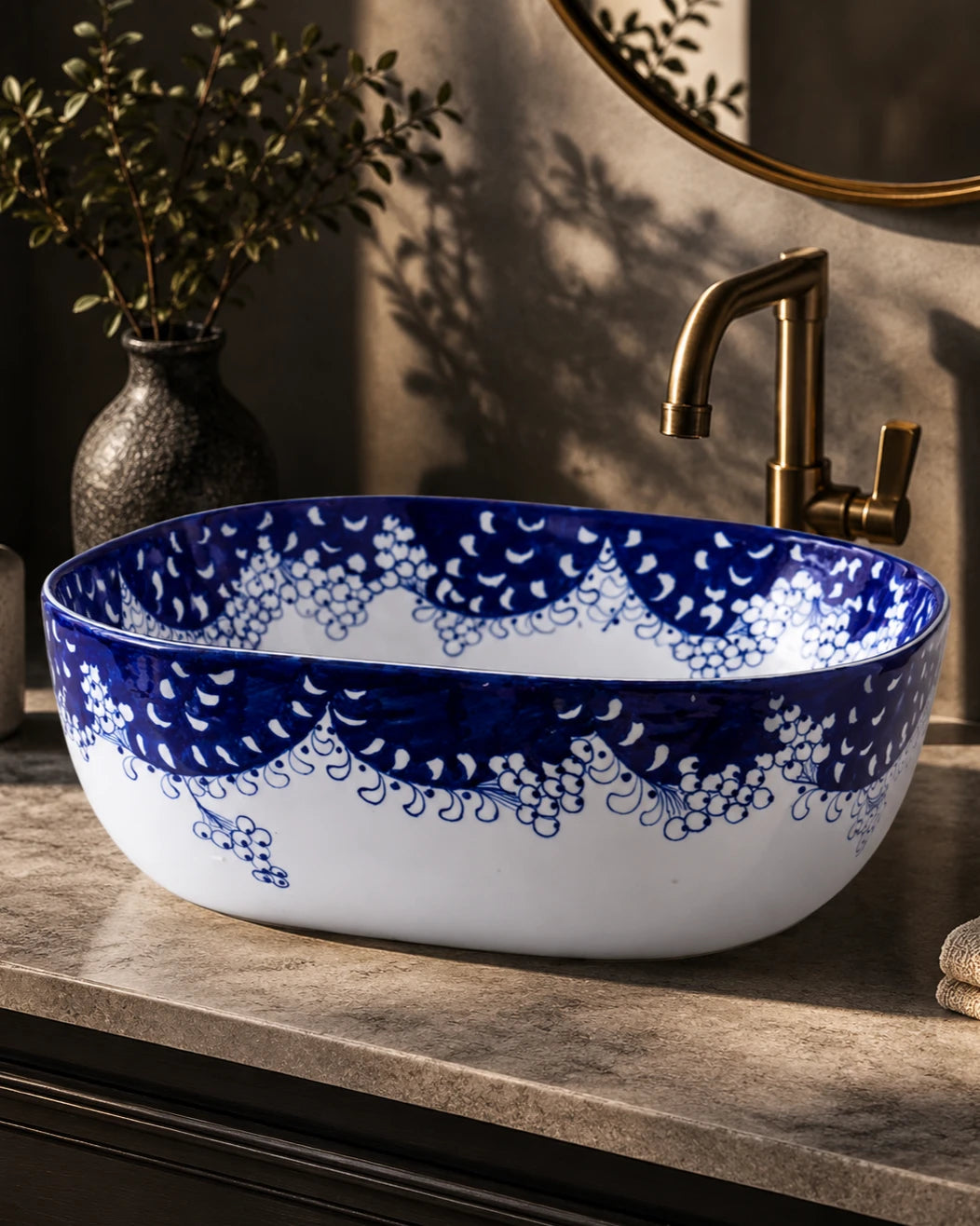 Paisley Blue & White Porcelain Counter Top Basin 