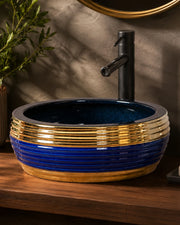 Blue & Gold Porcelain Countertop Wash Basin