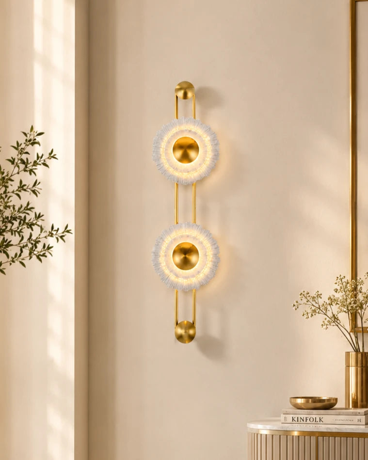 Modern gold wall light with dual circular glass design