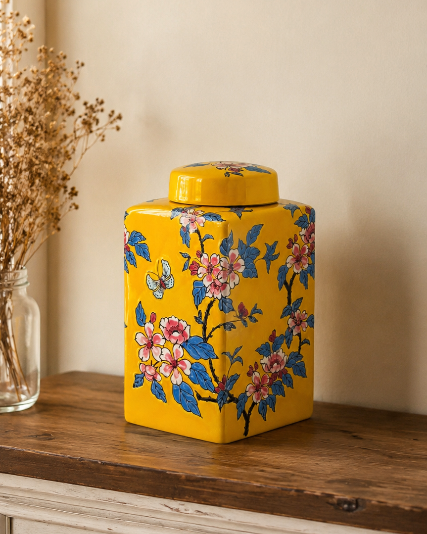Saffron Bloom Chinoiserie Decorative Jar 