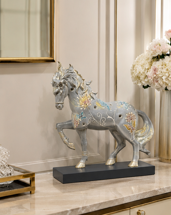 Royal Grey Floral Decorative Horse Figurine 