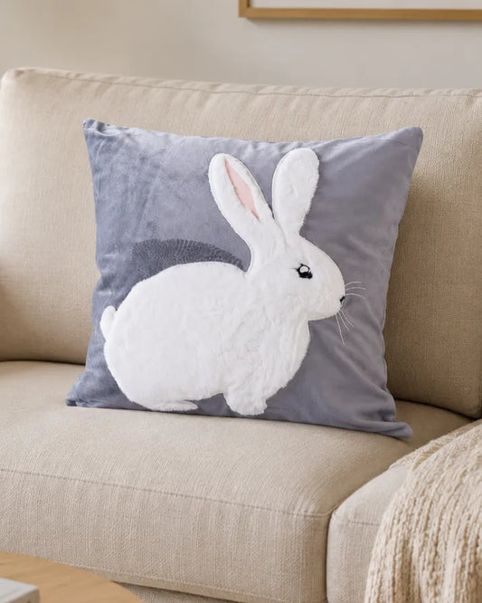 Rabbit Embroidery Cushion Cover - Grey
