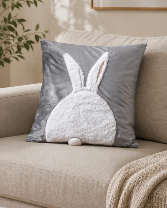 Rabbit Embroidery Cushion Cover - Grey