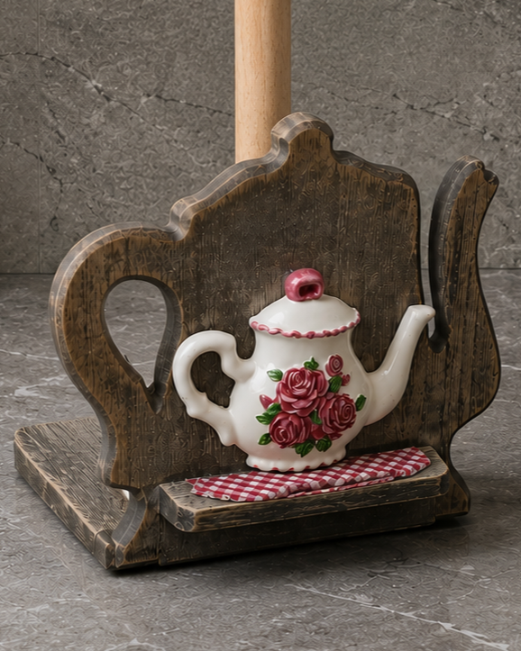 Vintage Teapot Wooden Tissue Holder Stand 