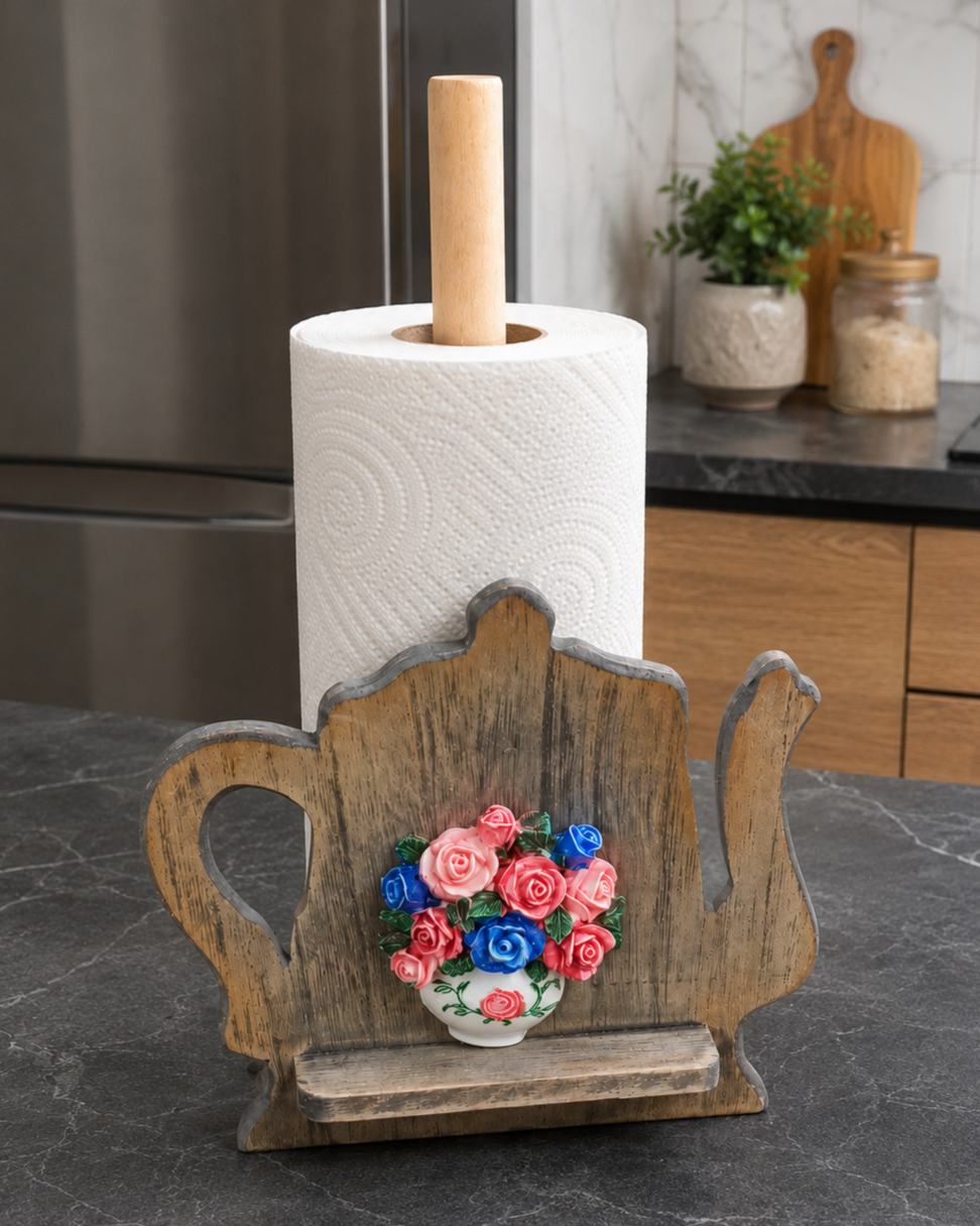 Vintage Teapot Wooden Tissue Holder Stand 