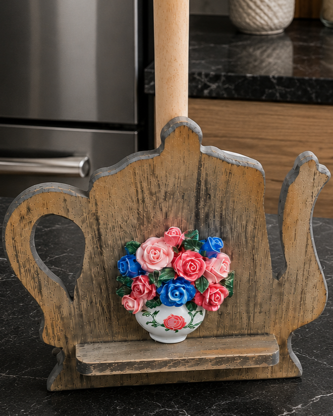 Vintage Teapot Wooden Tissue Holder Stand 
