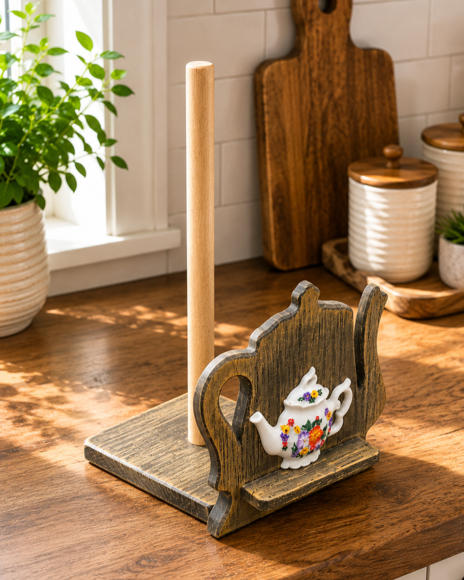 Vintage Teapot Wooden Tissue Holder Stand 