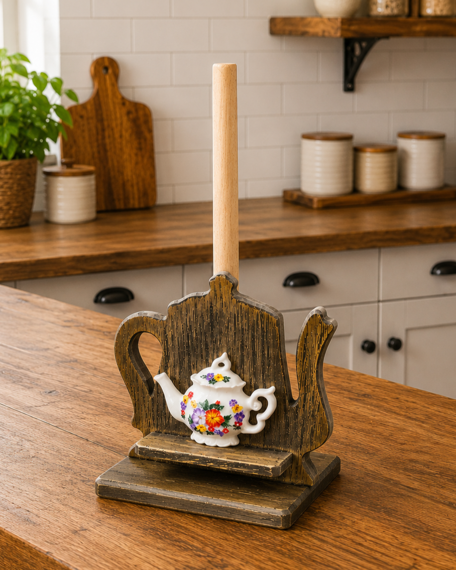 Vintage Teapot Wooden Tissue Holder Stand 