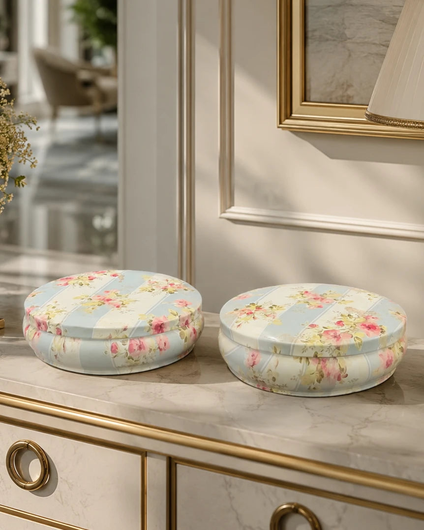 Vintage Floral Round Storage Box - Set Of 2 