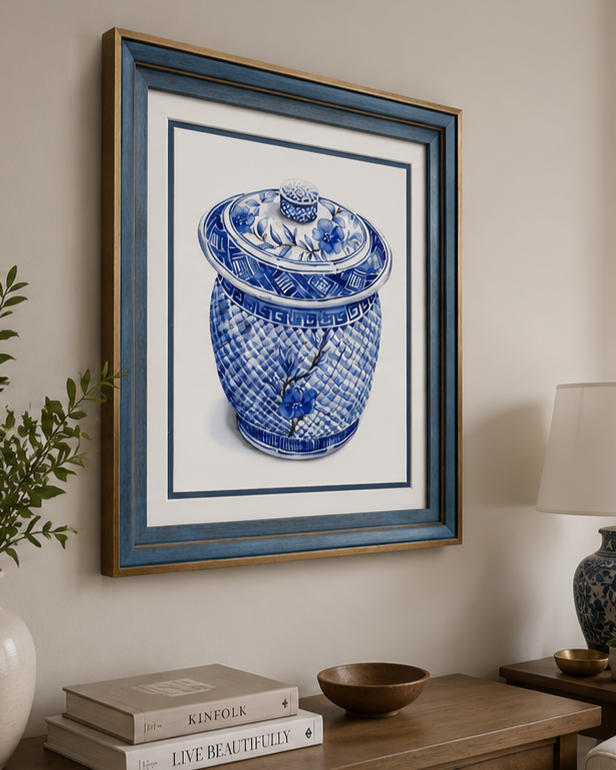 Blue & White Framed Wall art - 12"x12" 