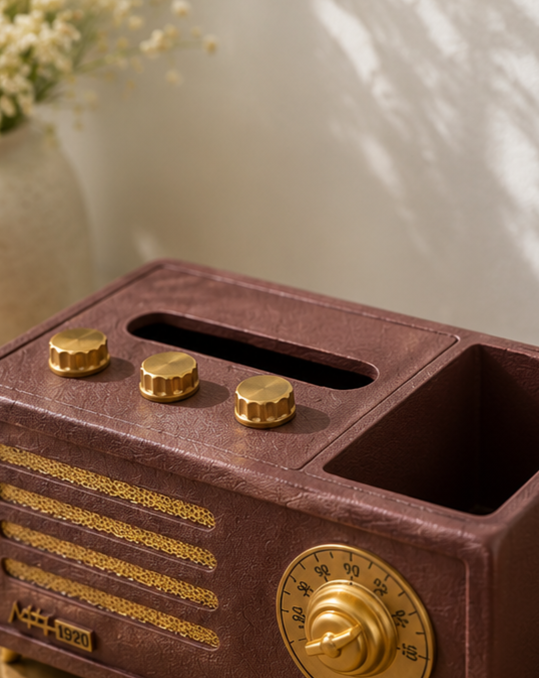 Vintage Radio Desk Organizer & Tissue Holder - Red 