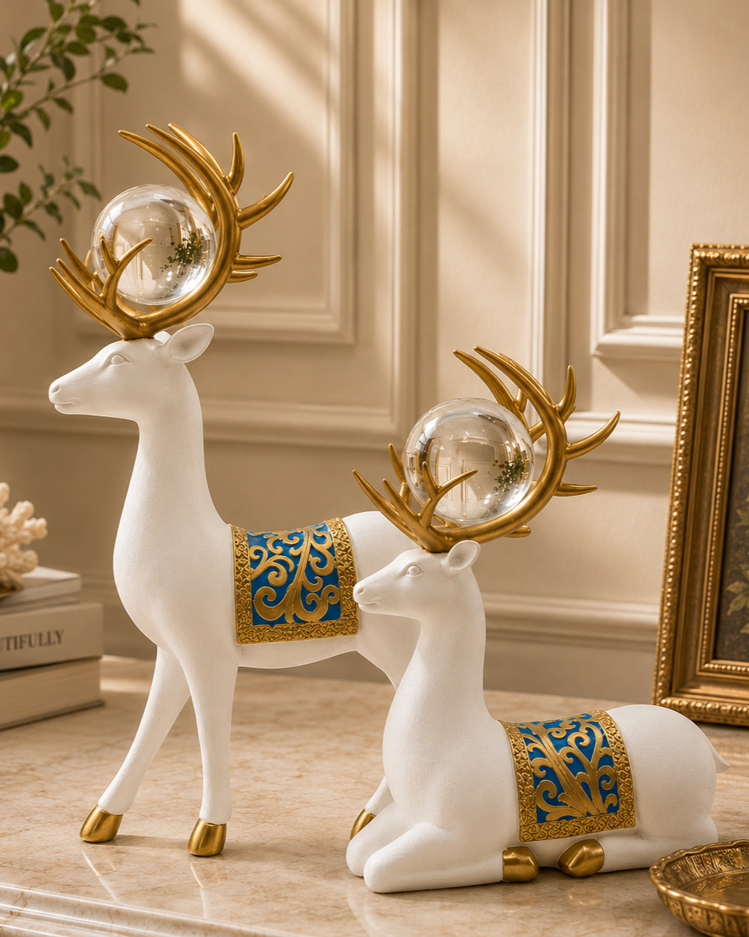 Crystal Antler Deer Decorative Figurine - Set Of 2 (White) 
