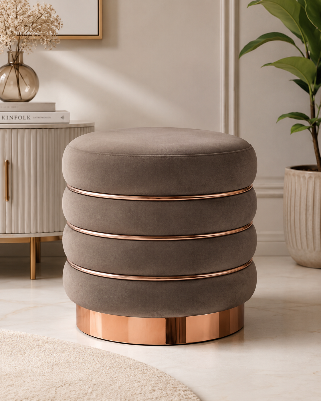 Luna Taupe Velvet Ottoman Stool 