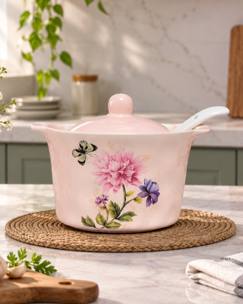 Floral Charm Covered Casserole With Serving Spoon - Pink