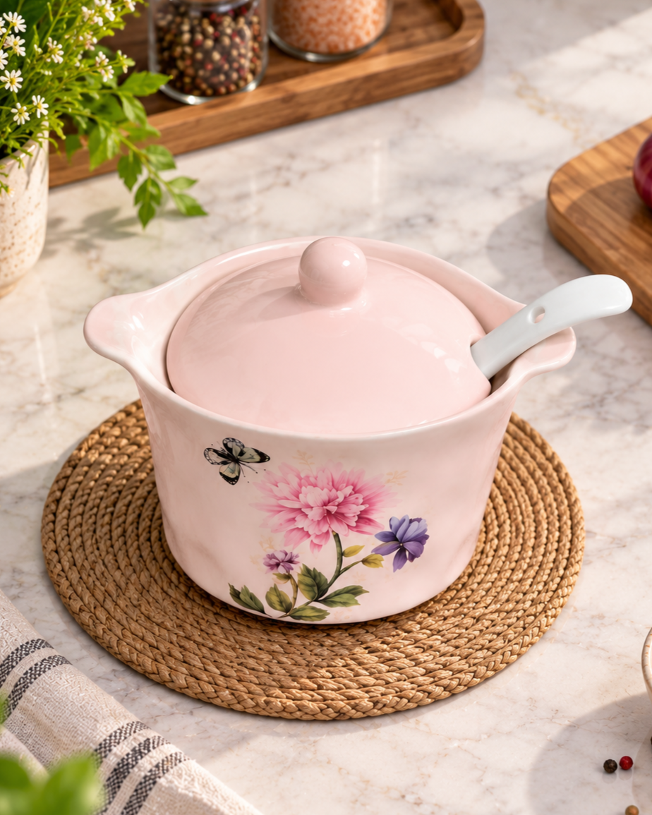 Floral Charm Covered Casserole With Serving Spoon - Pink