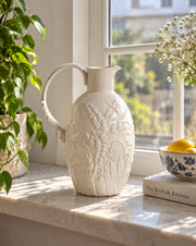 Botanical Relief White Ceramic Pitcher Vase