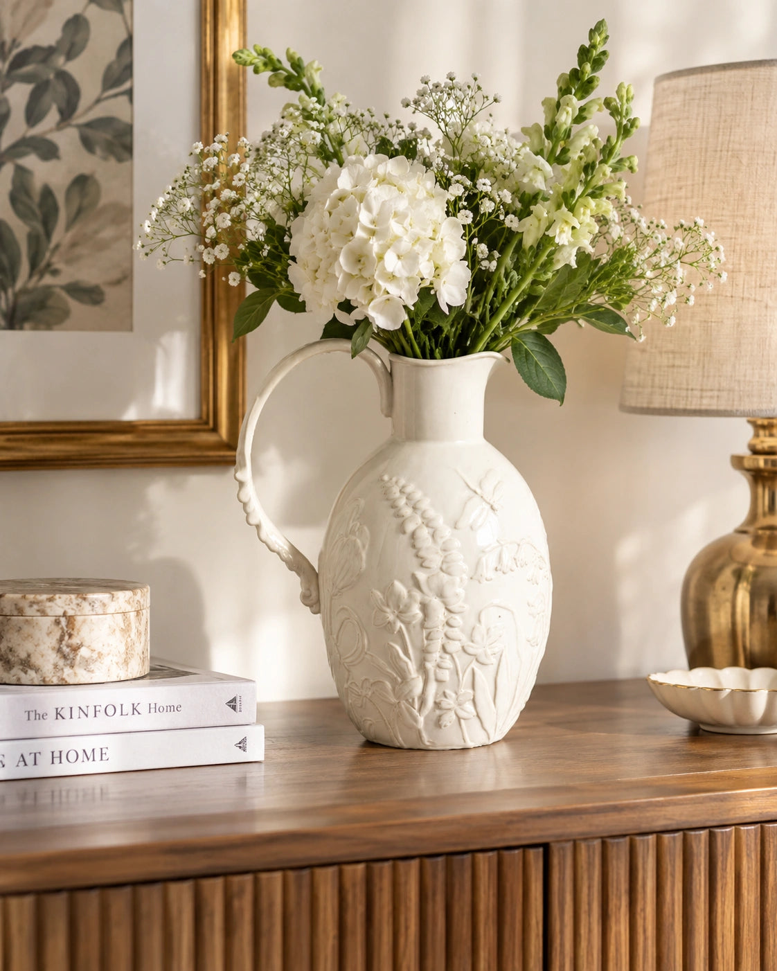 Botanical Relief White Ceramic Pitcher Vase