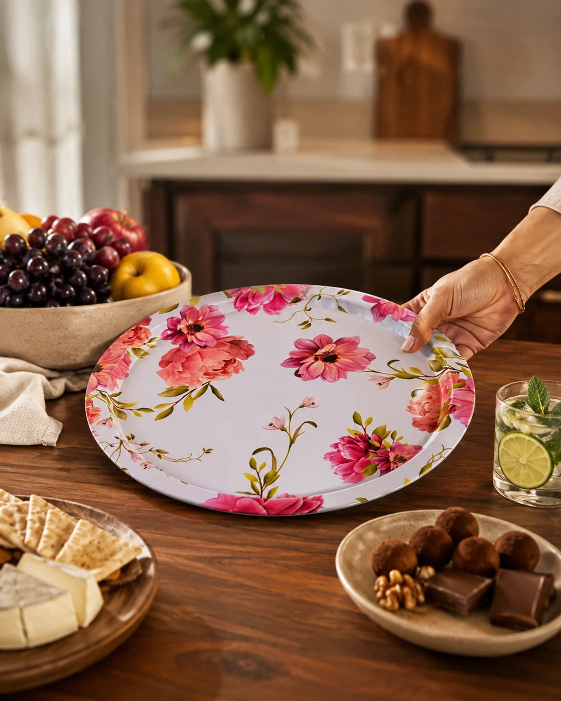 Blush Elegance Floral Serving Tray - Set Of-2 