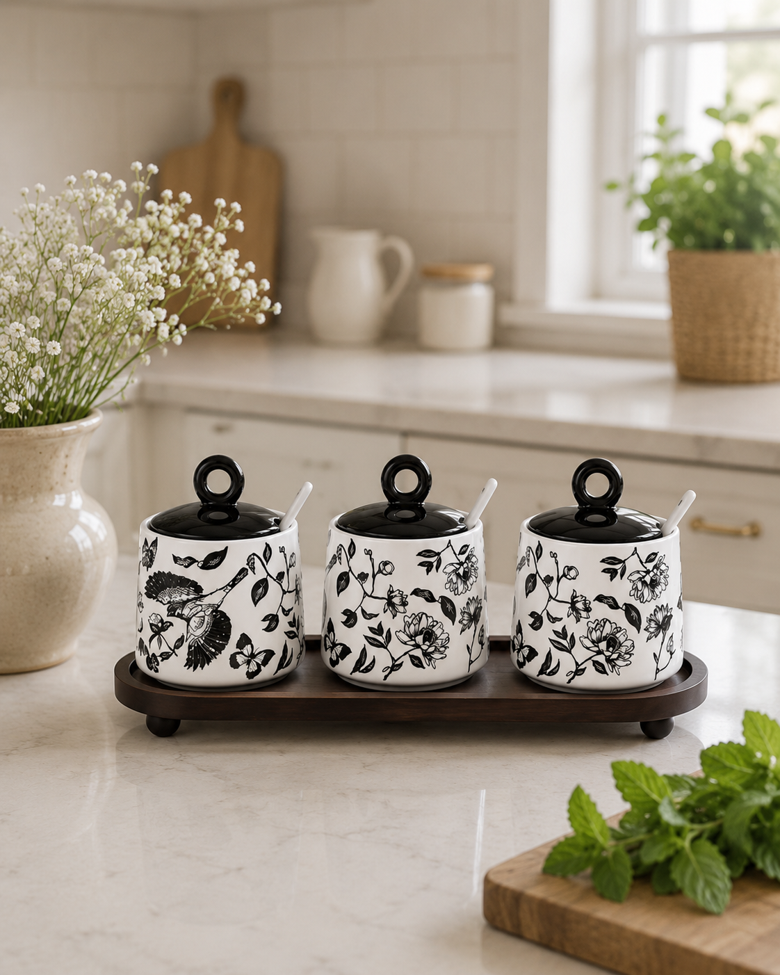 Floral Ceramic Condiment Jar Set - Black 