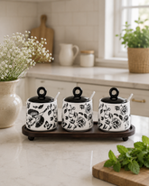 Floral Ceramic Condiment Jar Set - Black 