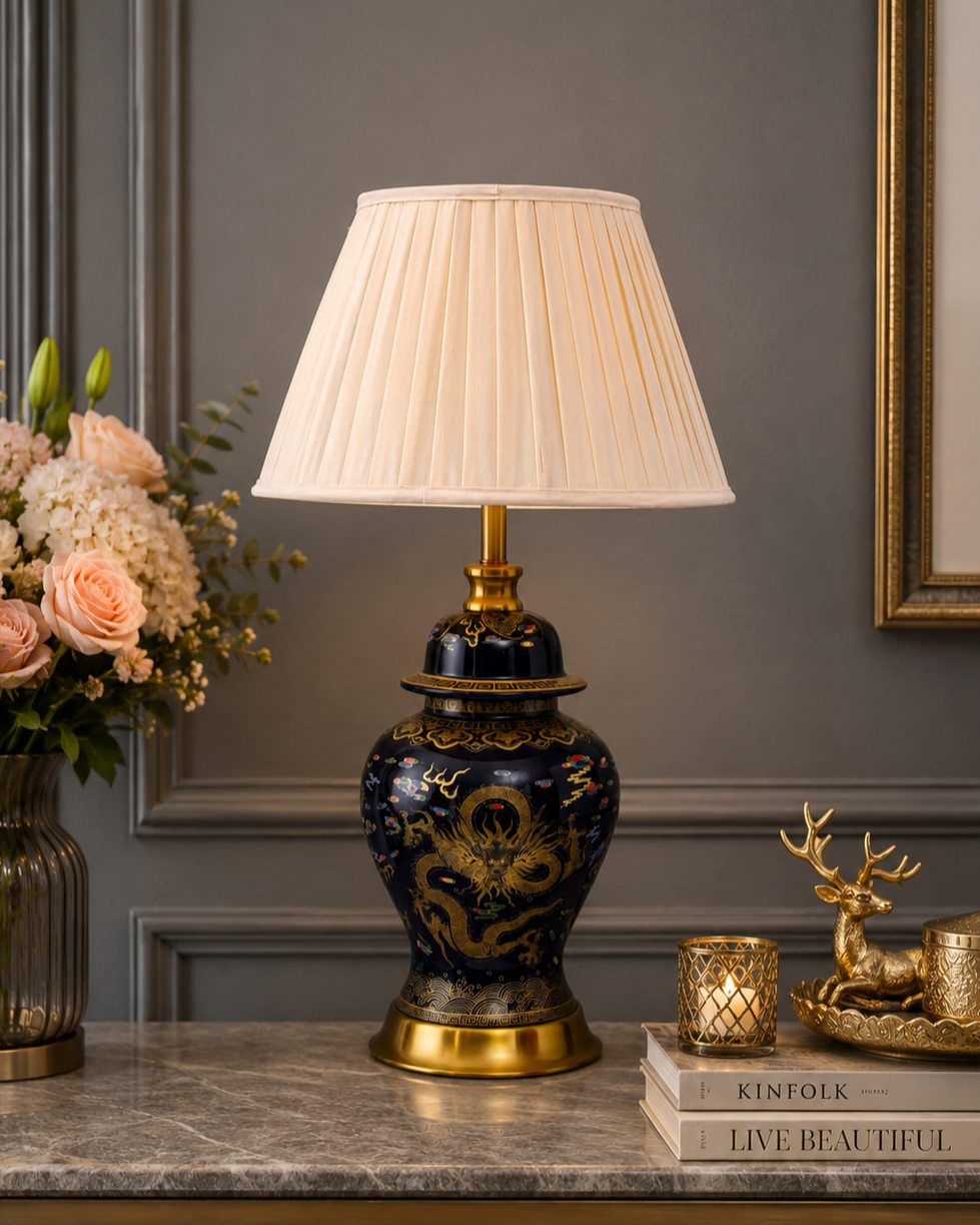 Golden Imperial Dragon- Midnight Blue Table Lamp 