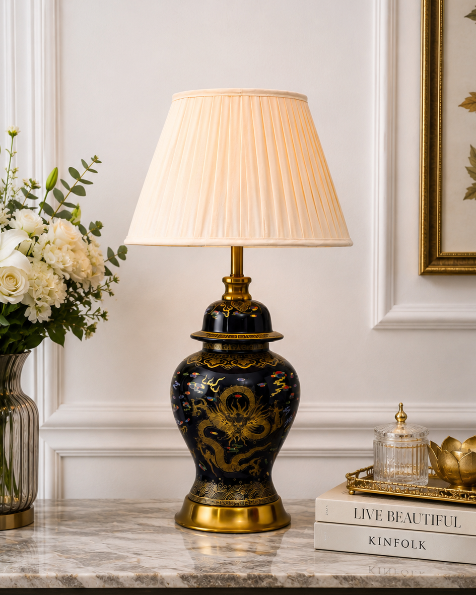 Golden Imperial Dragon- Midnight Blue Table Lamp 