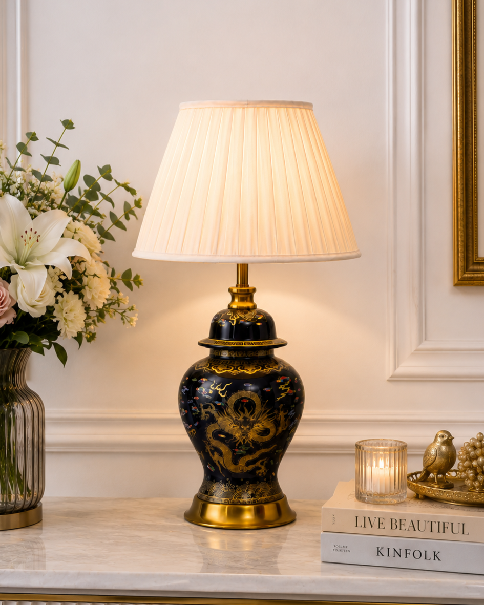 Golden Imperial Dragon- Midnight Blue Table Lamp 