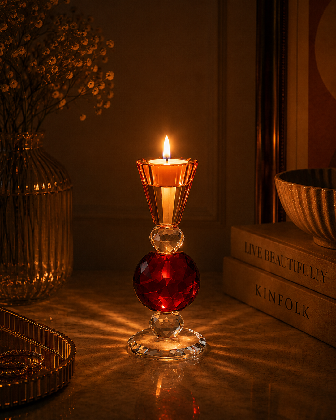 Ruby Glow Crystal Candle Holder