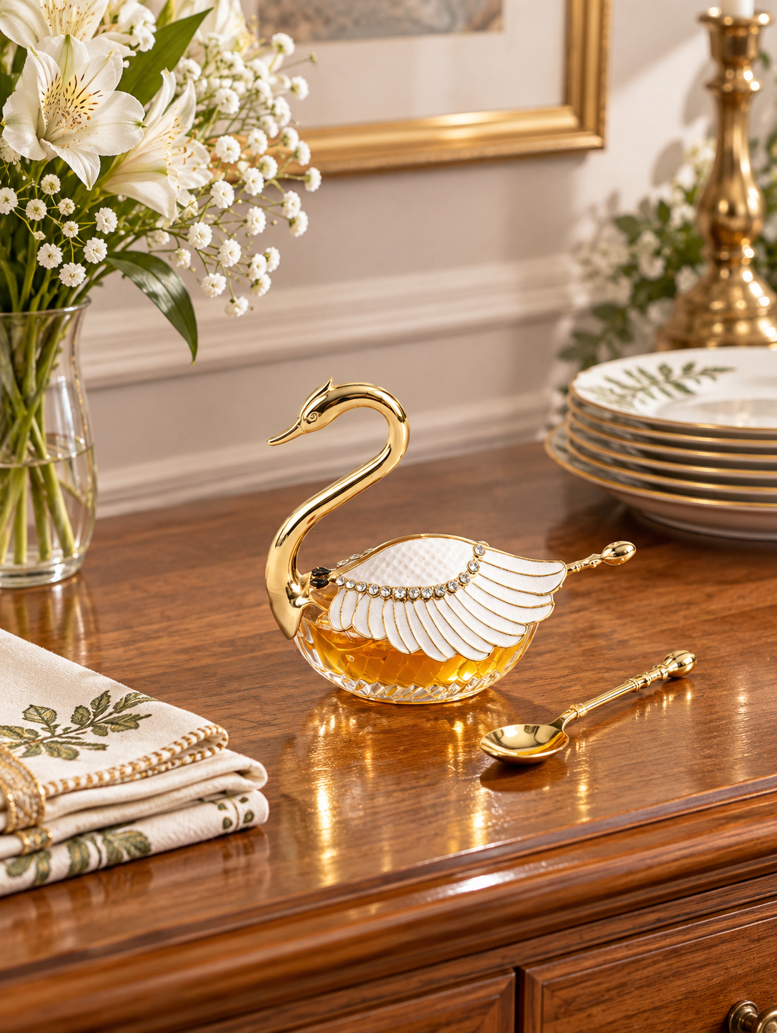 Swan-Shaped Honey Pot With Spoon '200 ML' - White