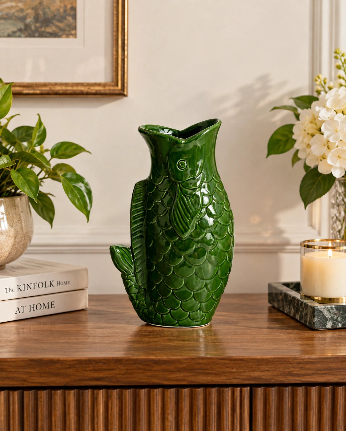 The Sculptural Koi Ceramic Vase - Emerald Green