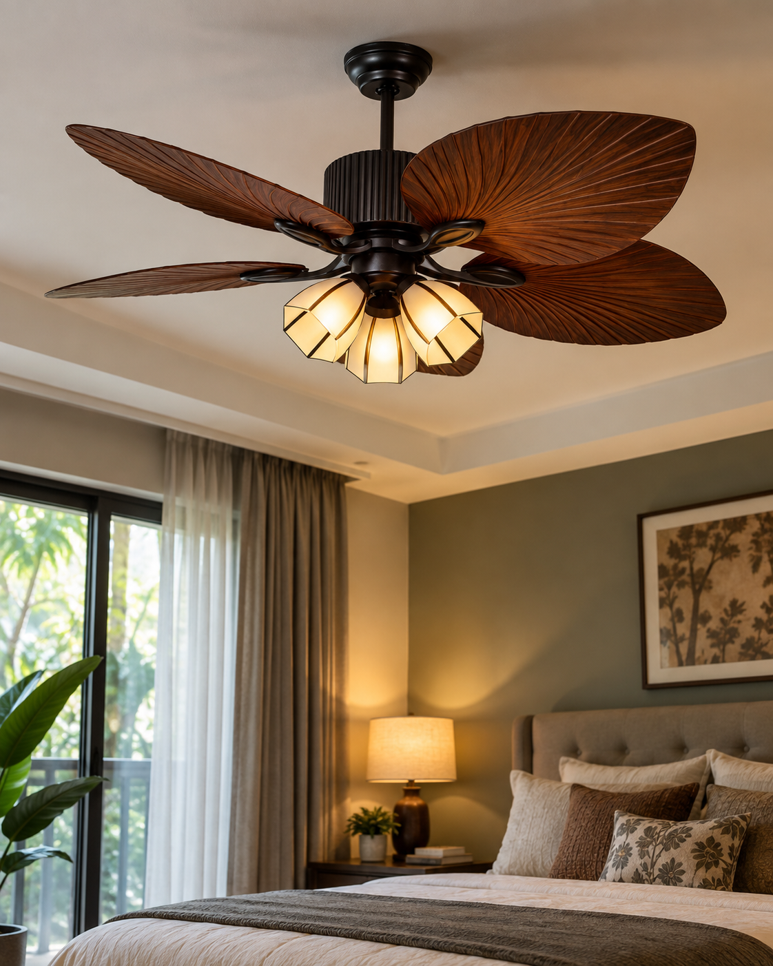 Palm Leaf Vintage Ceiling Fan with 3 Lights - Black