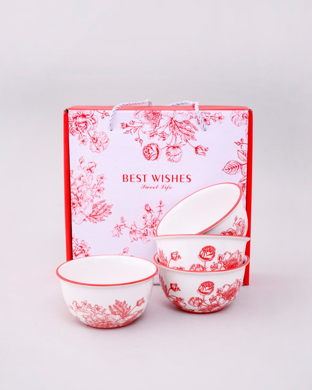 Red Floral Ceramic Katori - Set Of 4 