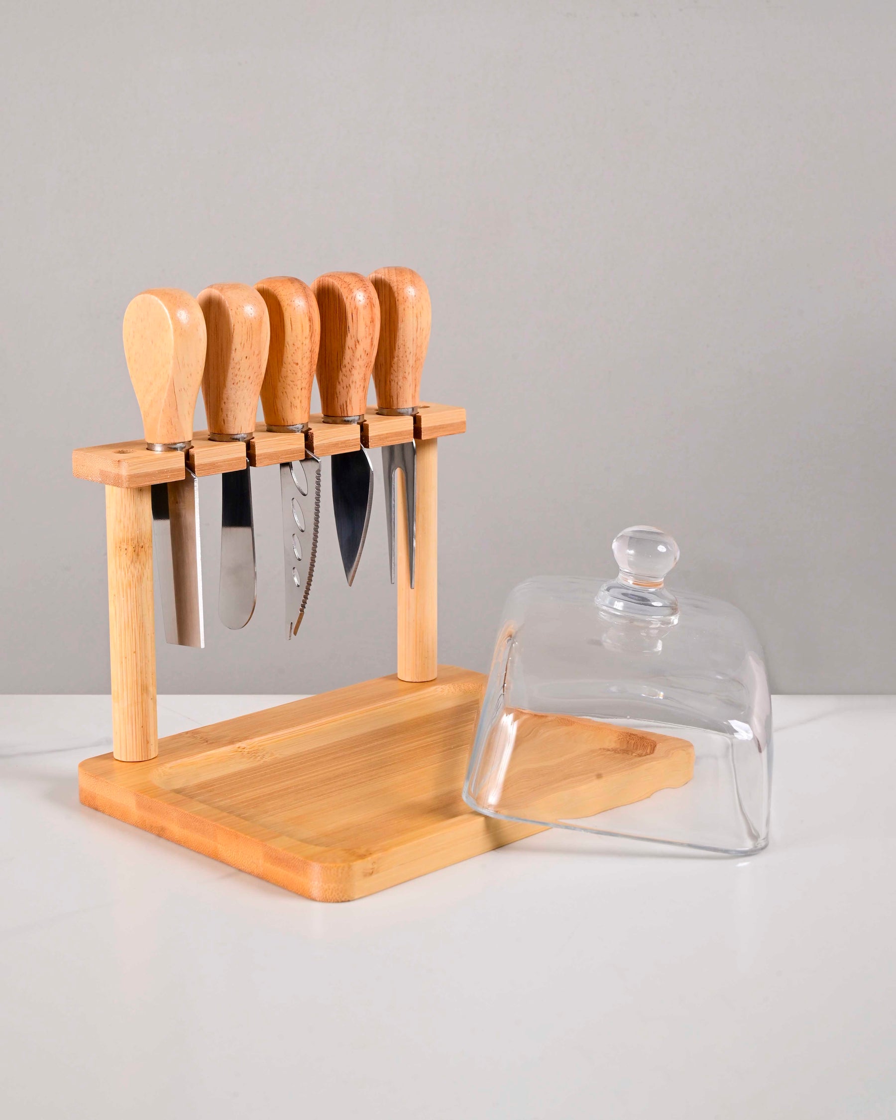 Wooden Cheese & Butter Knife Set With Glass Dome 