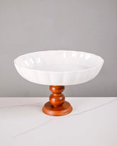 Ceramic Pedestal Dessert Stand with Wooden Base 