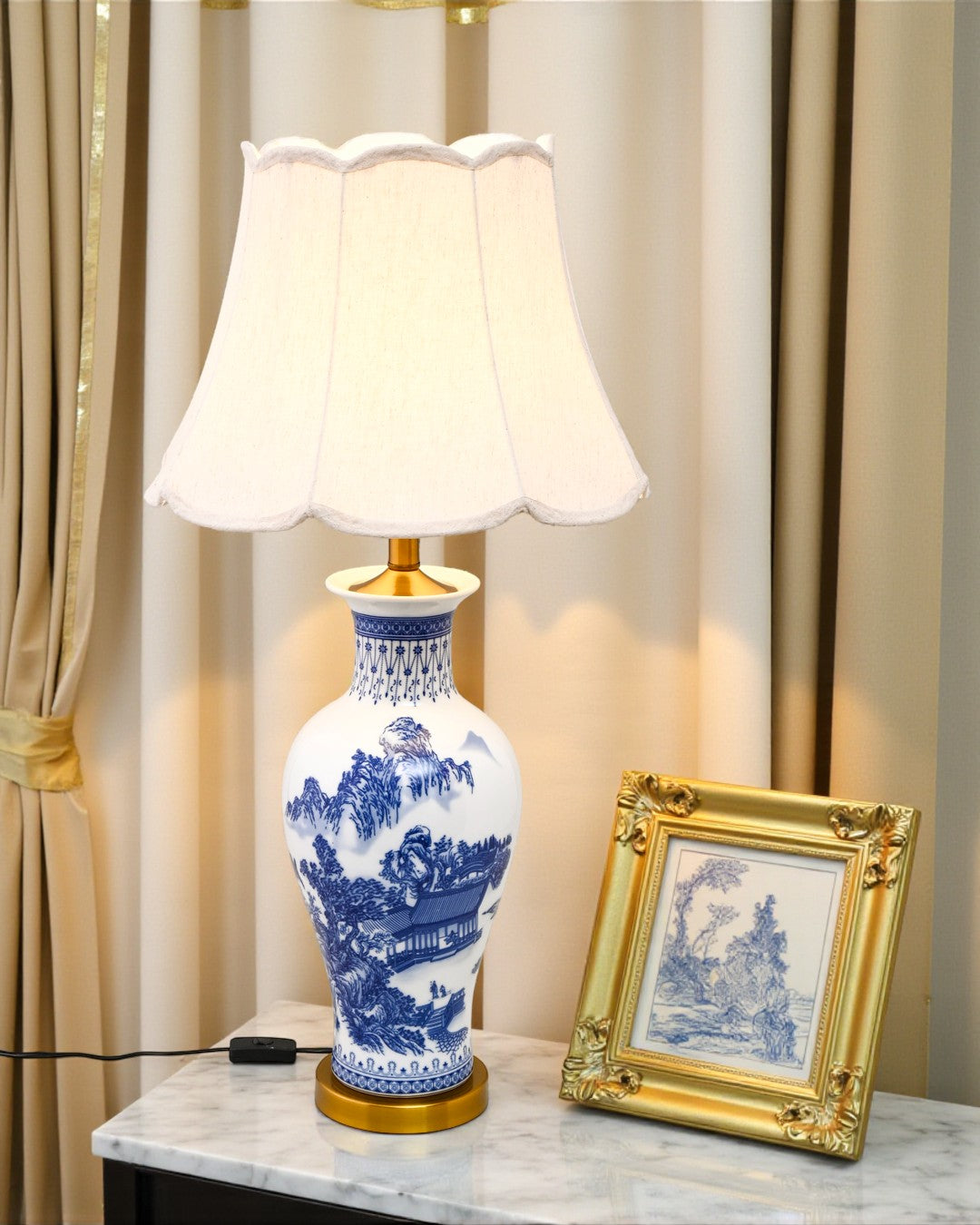 Oriental Mountain & Pavilion Bone China Table Lamp 