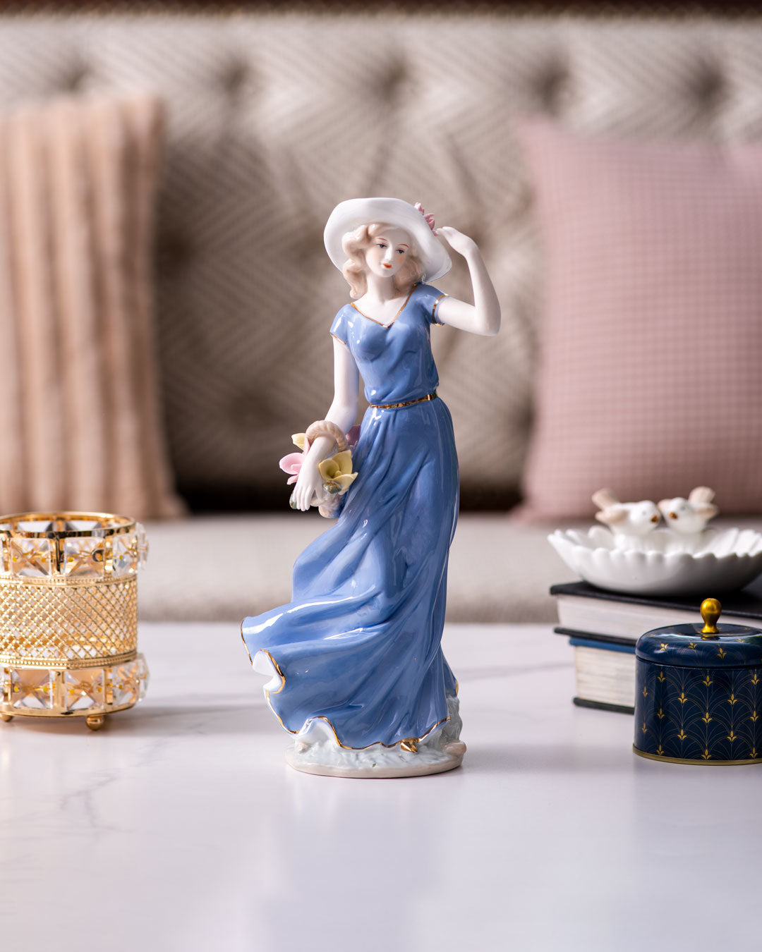 Elegant Victorian Lady Porcelain Figurine in Blue Dress with Hat and Basket, Classic Home Decor