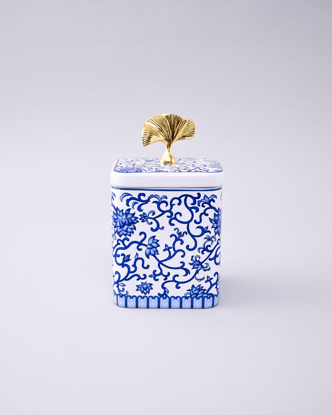 Blue & White Storage Jar With Ginkgo Lid - Set Of 3 