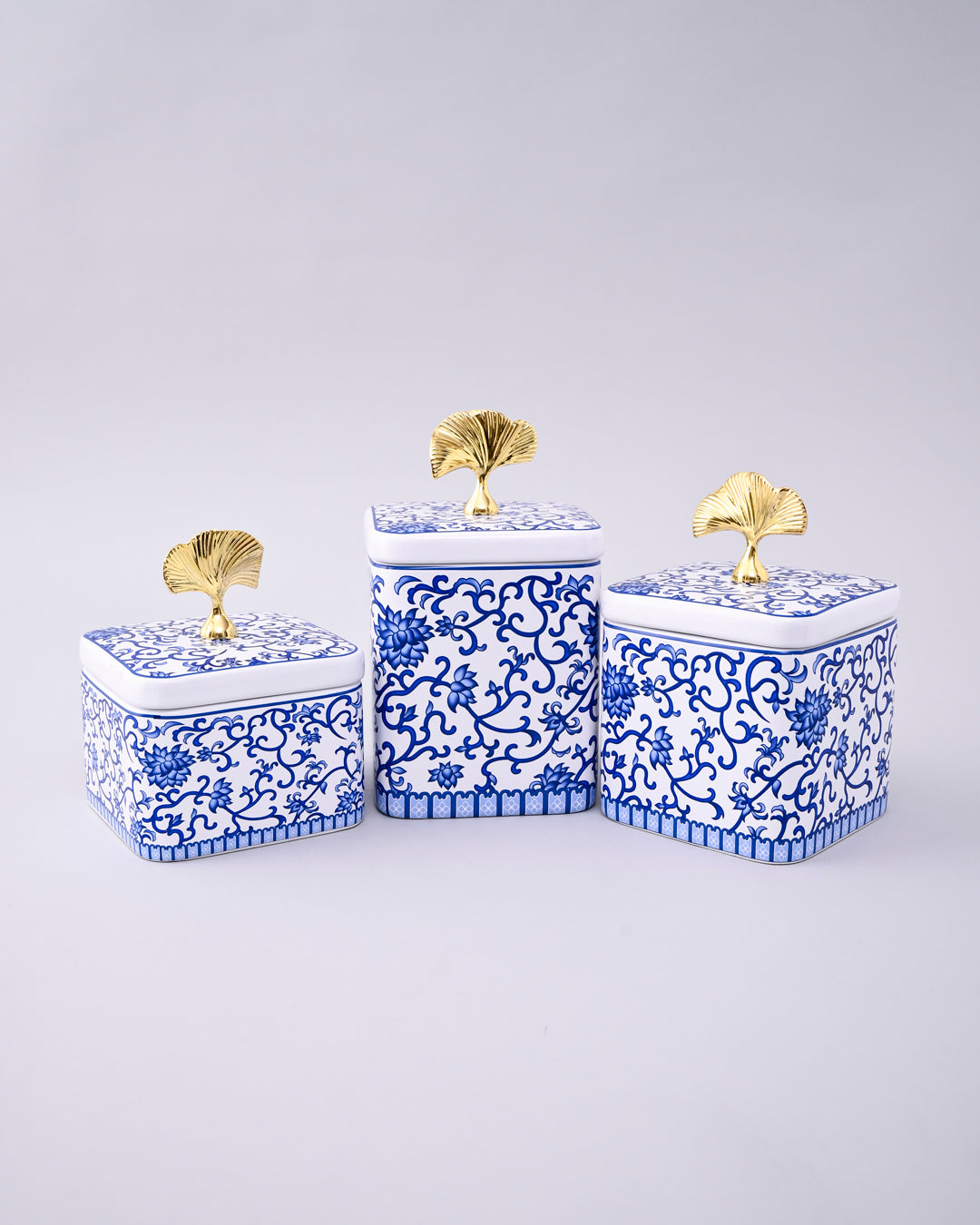 Blue & White Storage Jar With Ginkgo Lid - Set Of 3 