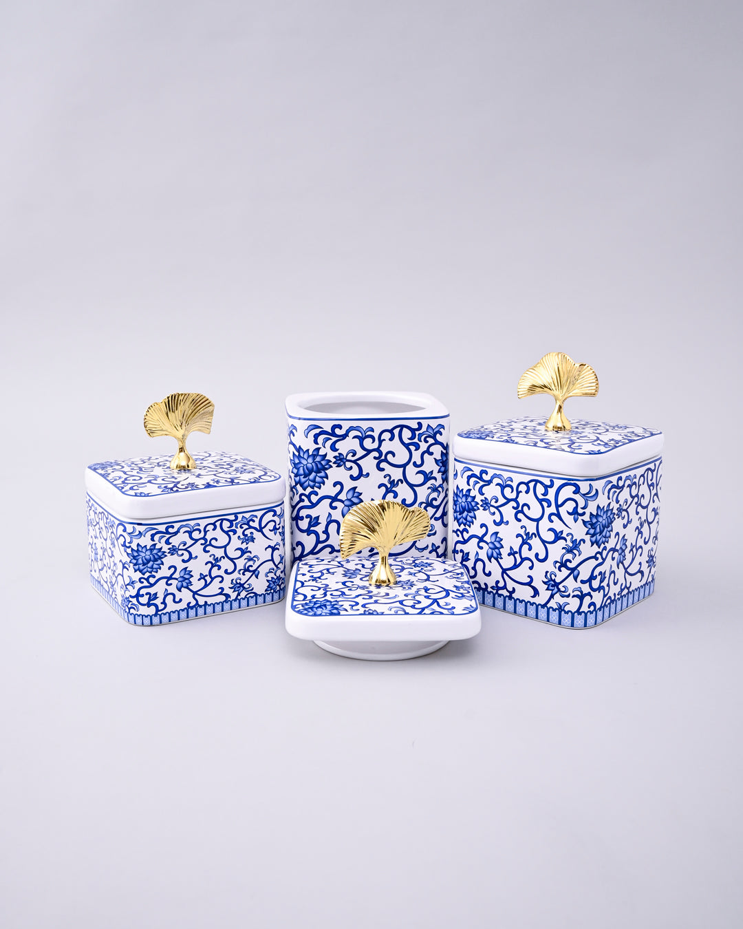 Blue & White Storage Jar With Ginkgo Lid - Set Of 3 
