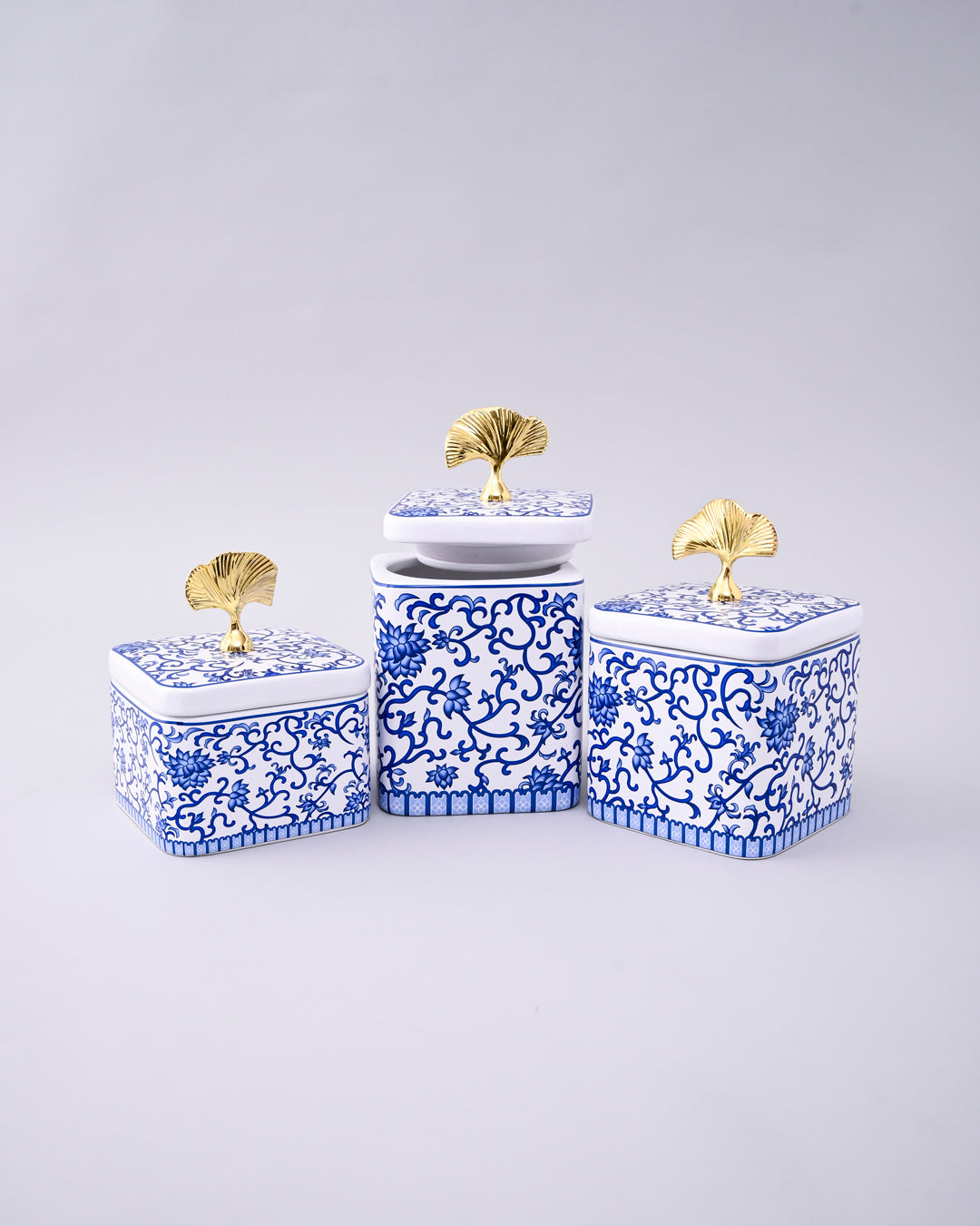 Blue & White Storage Jar With Ginkgo Lid - Set Of 3 