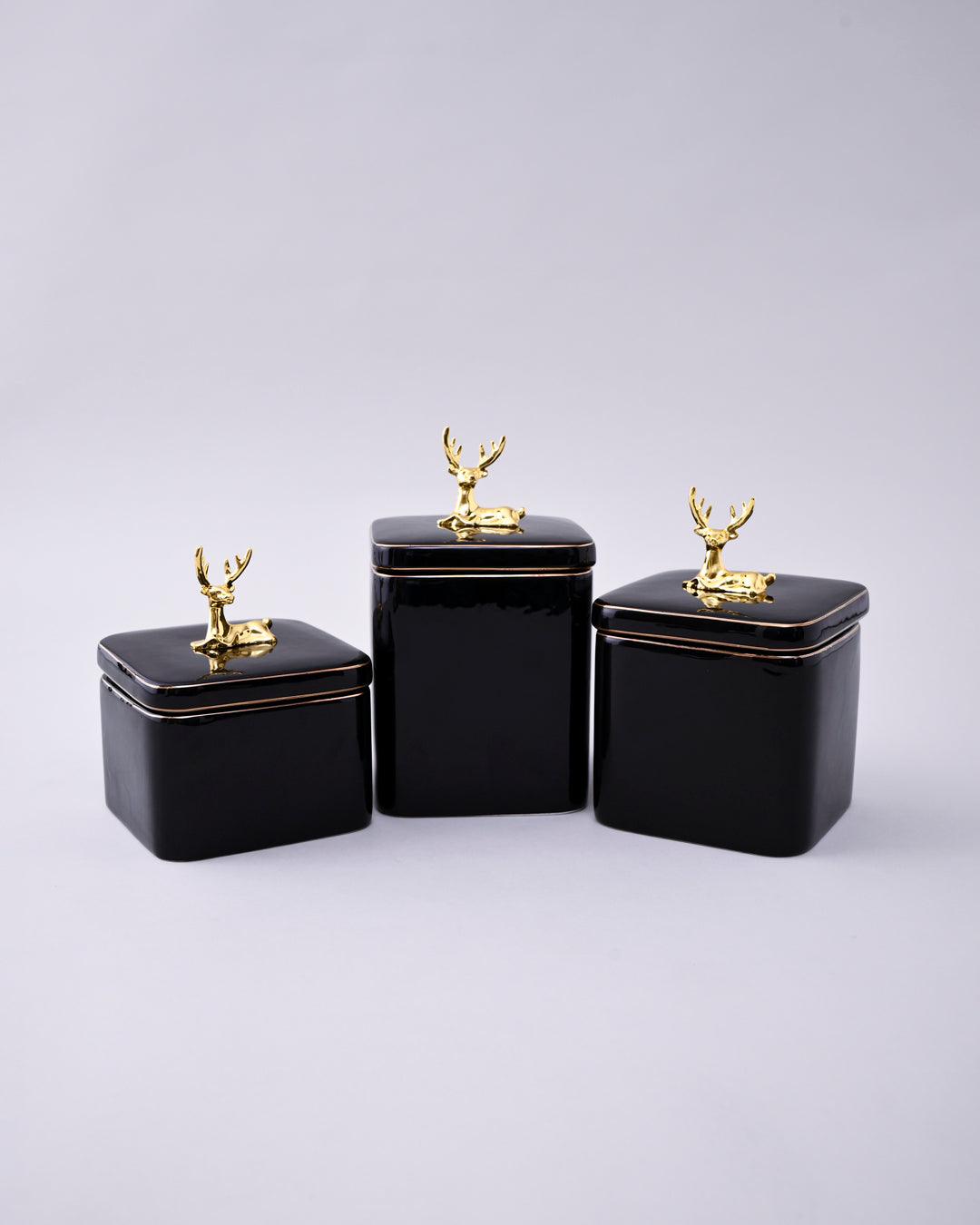 Black Majestic Storage Jar With Deer Lid - Set Of 3 