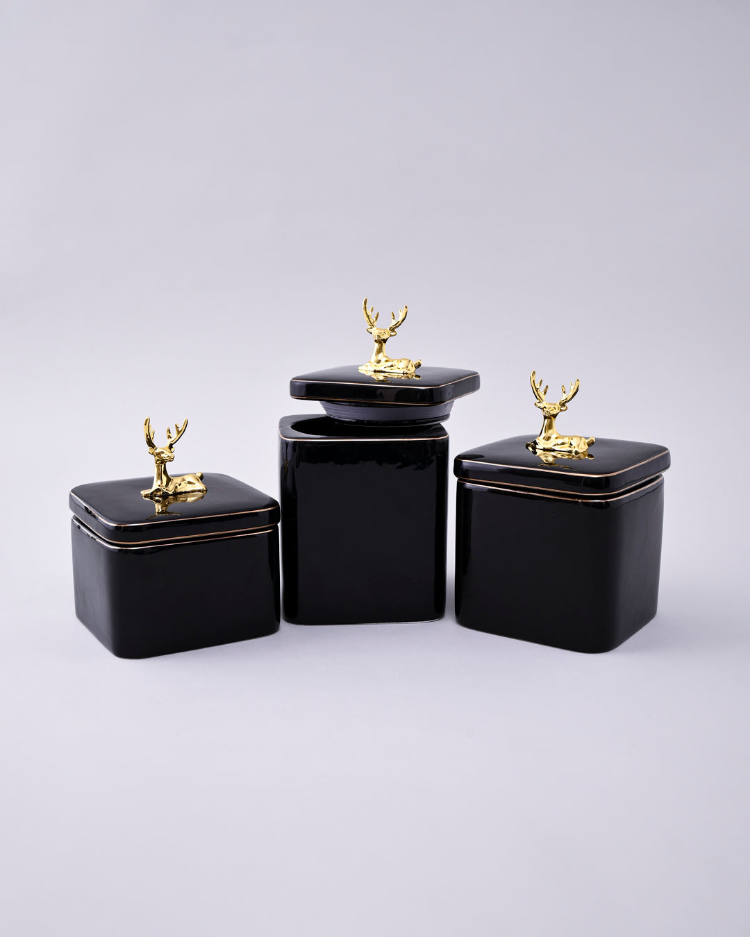 Black Majestic Storage Jar With Deer Lid - Set Of 3 