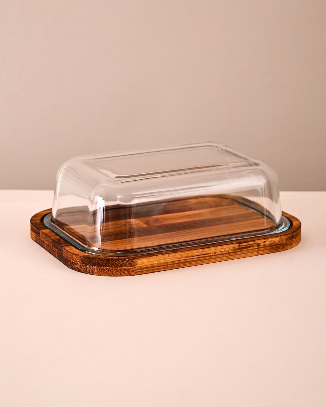 Wooden Base Butter Dish With Glass Dome 