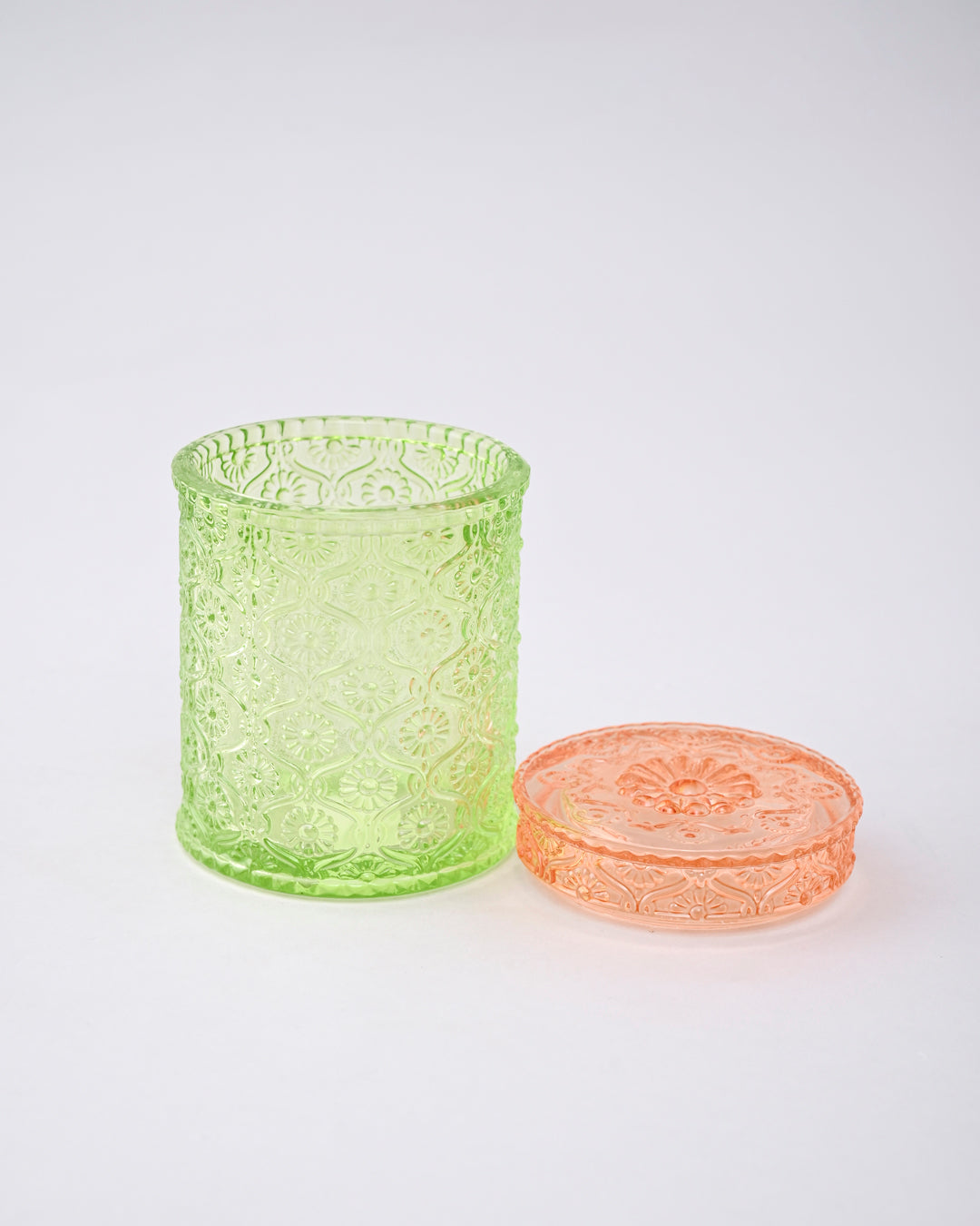 Vintage Floral Emerald Glass Jar 