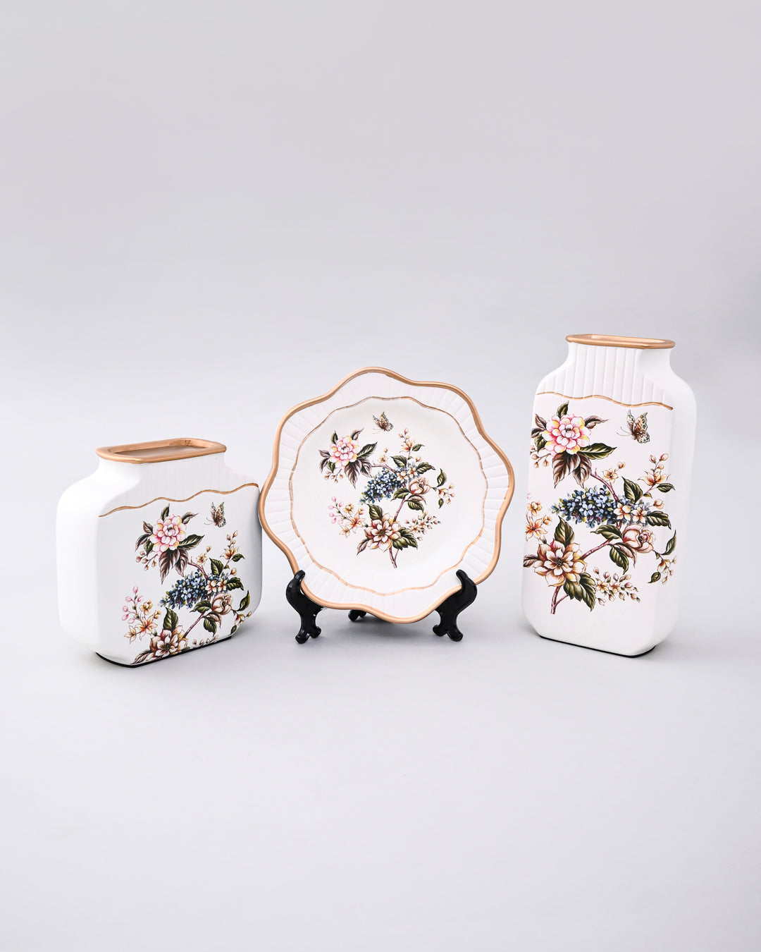 Blossom Grace Vase & Decorative Plate - Set Of 3 