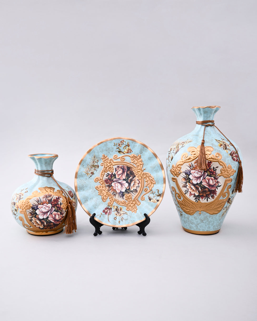 Regal Bloom Blue & Gold Vase & Decorative Plate - Set Of 3 