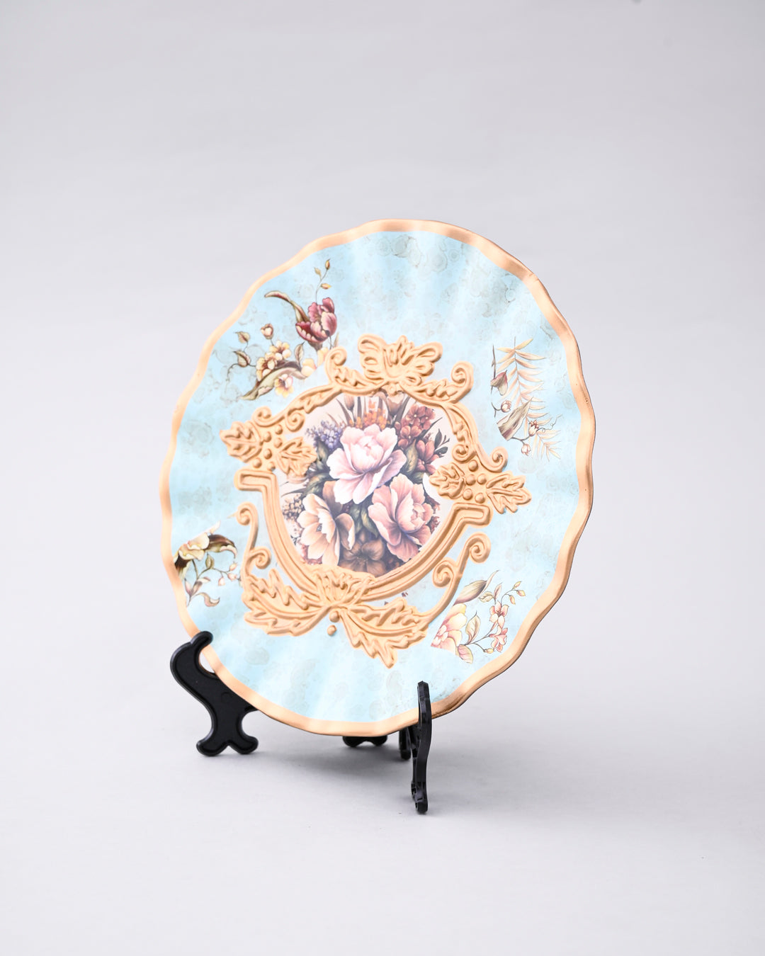 Regal Bloom Blue & Gold Vase & Decorative Plate - Set Of 3 