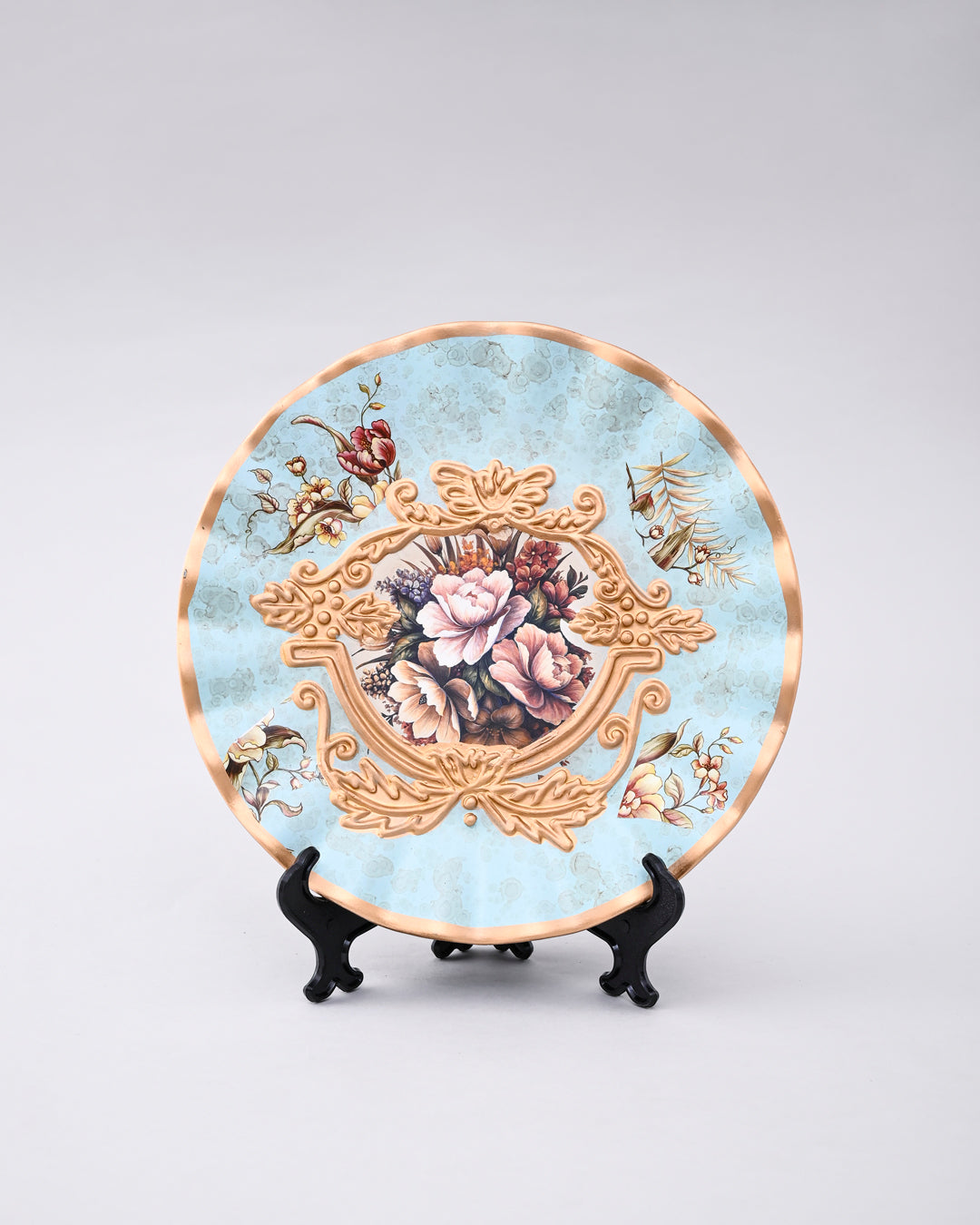 Regal Bloom Blue & Gold Vase & Decorative Plate - Set Of 3 