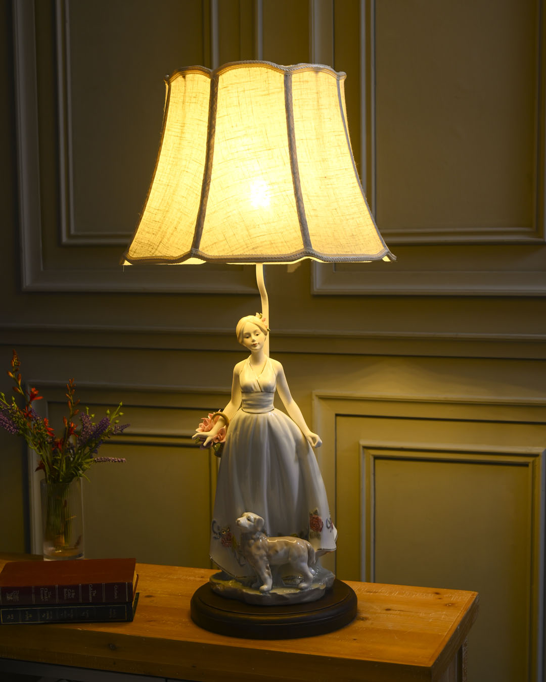 Victorian Floral Lady & Pup - Fine Porcelain Table Lamp 
