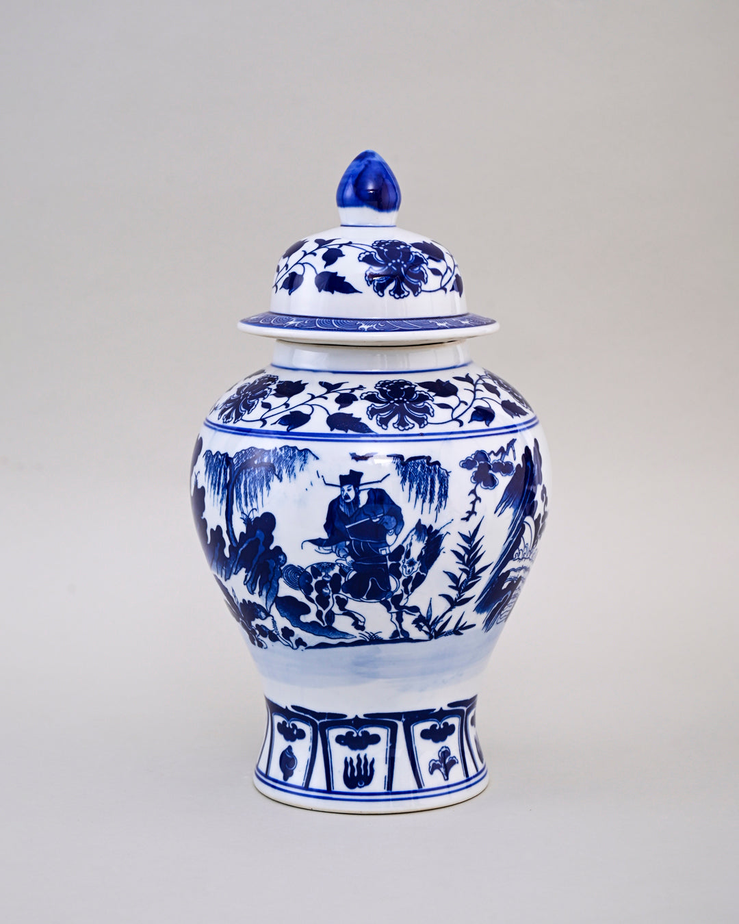 Blue and White Warrior Scene Temple Jar 